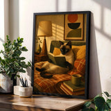 Siamese Cat Reading in Bed Poster | Modern Minimalist Cat Wall Art | Neutral Contemporary Living Room Print | Cozy Bedroom Home Decor