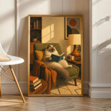 Ragdoll Cat Reading in Armchair Poster | Retro Painterly Cat Wall Art | Olive Green Burnt Orange Decor | Cozy Mid Century Living Room Print