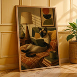 Siamese Cat Reading in Bed Poster | Modern Minimalist Cat Wall Art | Neutral Contemporary Living Room Print | Cozy Bedroom Home Decor