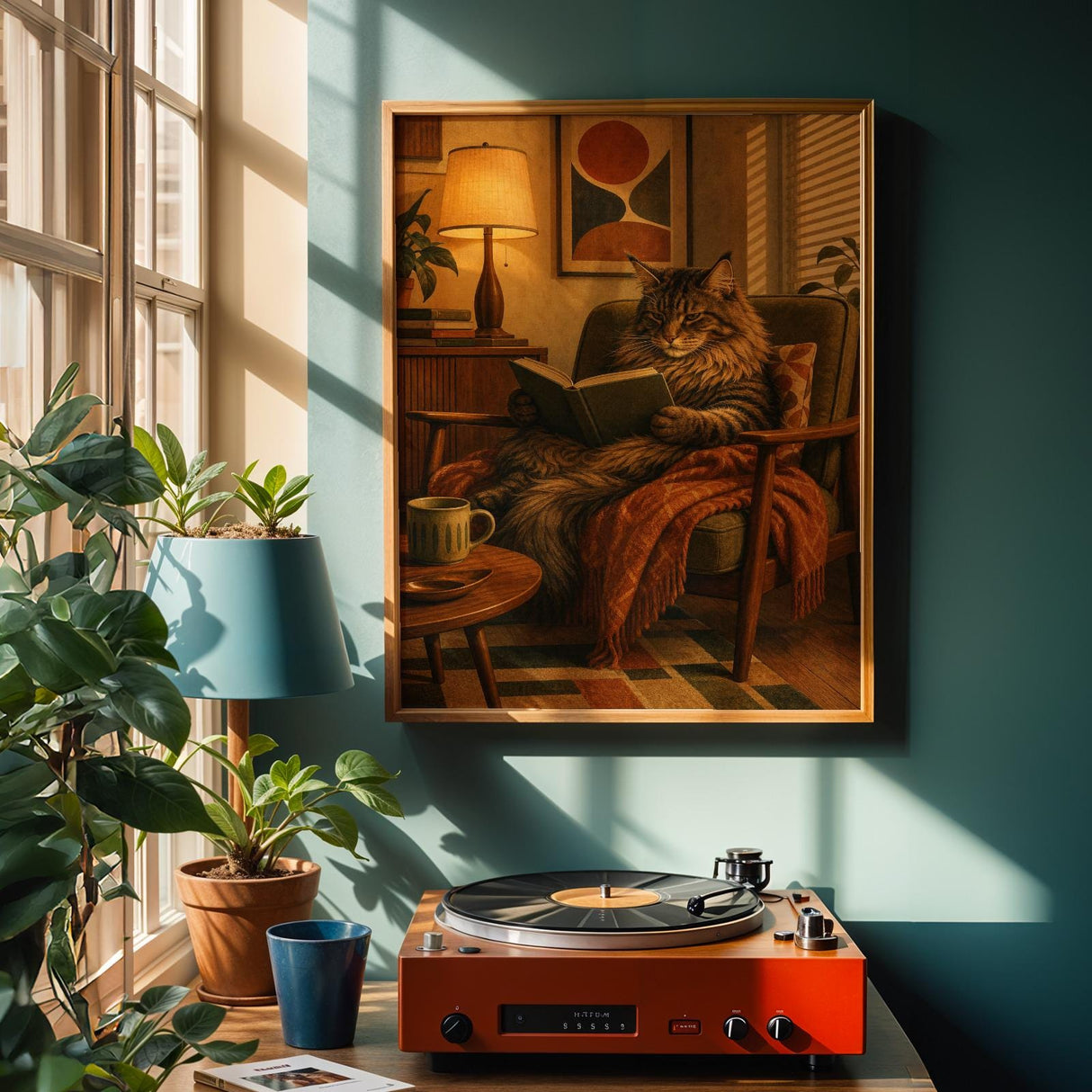 Maine Coon Reading in Armchair Poster | Retro Modern Cat Wall Art | Burnt Orange Walnut Brown Decor | Cozy Mid Century Office Print
