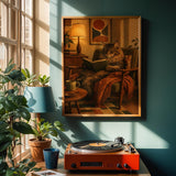 Maine Coon Reading in Armchair Poster | Retro Modern Cat Wall Art | Burnt Orange Walnut Brown Decor | Cozy Mid Century Office Print