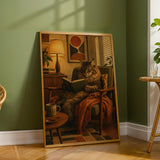 Maine Coon Reading in Armchair Poster | Retro Modern Cat Wall Art | Burnt Orange Walnut Brown Decor | Cozy Mid Century Office Print