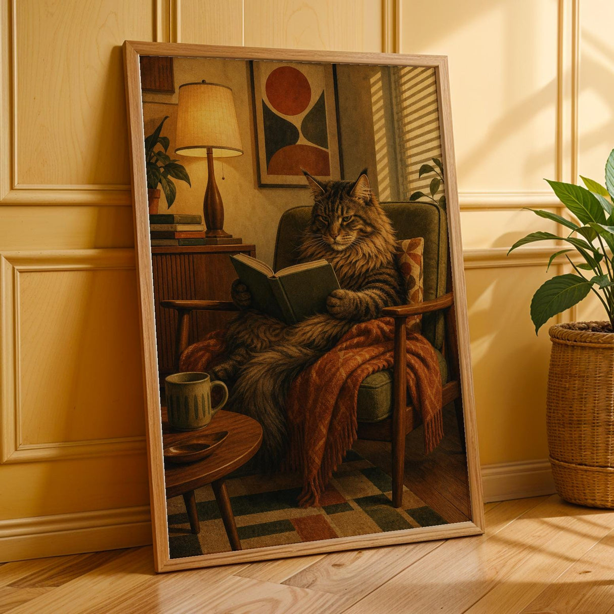 Maine Coon Reading in Armchair Poster | Retro Modern Cat Wall Art | Burnt Orange Walnut Brown Decor | Cozy Mid Century Office Print