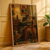 Maine Coon Reading in Armchair Poster | Retro Modern Cat Wall Art | Burnt Orange Walnut Brown Decor | Cozy Mid Century Office Print