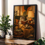 Scottish Fold Cat Reading in Armchair Poster | Mid Century Modern Cat Wall Art Decor | Cozy Retro Living Room Print | Cat Lover Gift