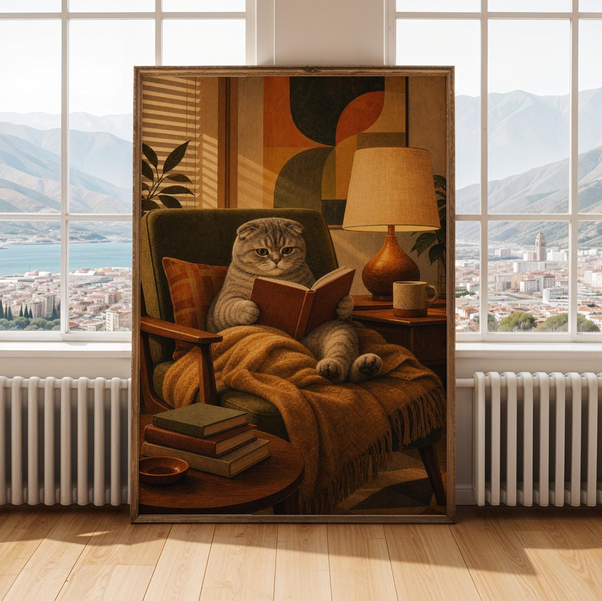 Scottish Fold Cat Reading in Armchair Poster | Mid Century Modern Cat Wall Art Decor | Cozy Retro Living Room Print | Cat Lover Gift