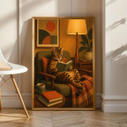 Bengal Cat Reading in Armchair illustrated in Mid Century Modern style on a poster