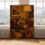 Bengal Cat Reading in Armchair Poster | Mid Century Modern Cat Wall Art | Mustard Yellow Burnt Orange Decor | Cozy Retro Living Room Print