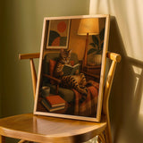 Bengal Cat Reading in Armchair Poster | Mid Century Modern Cat Wall Art | Mustard Yellow Burnt Orange Decor | Cozy Retro Living Room Print