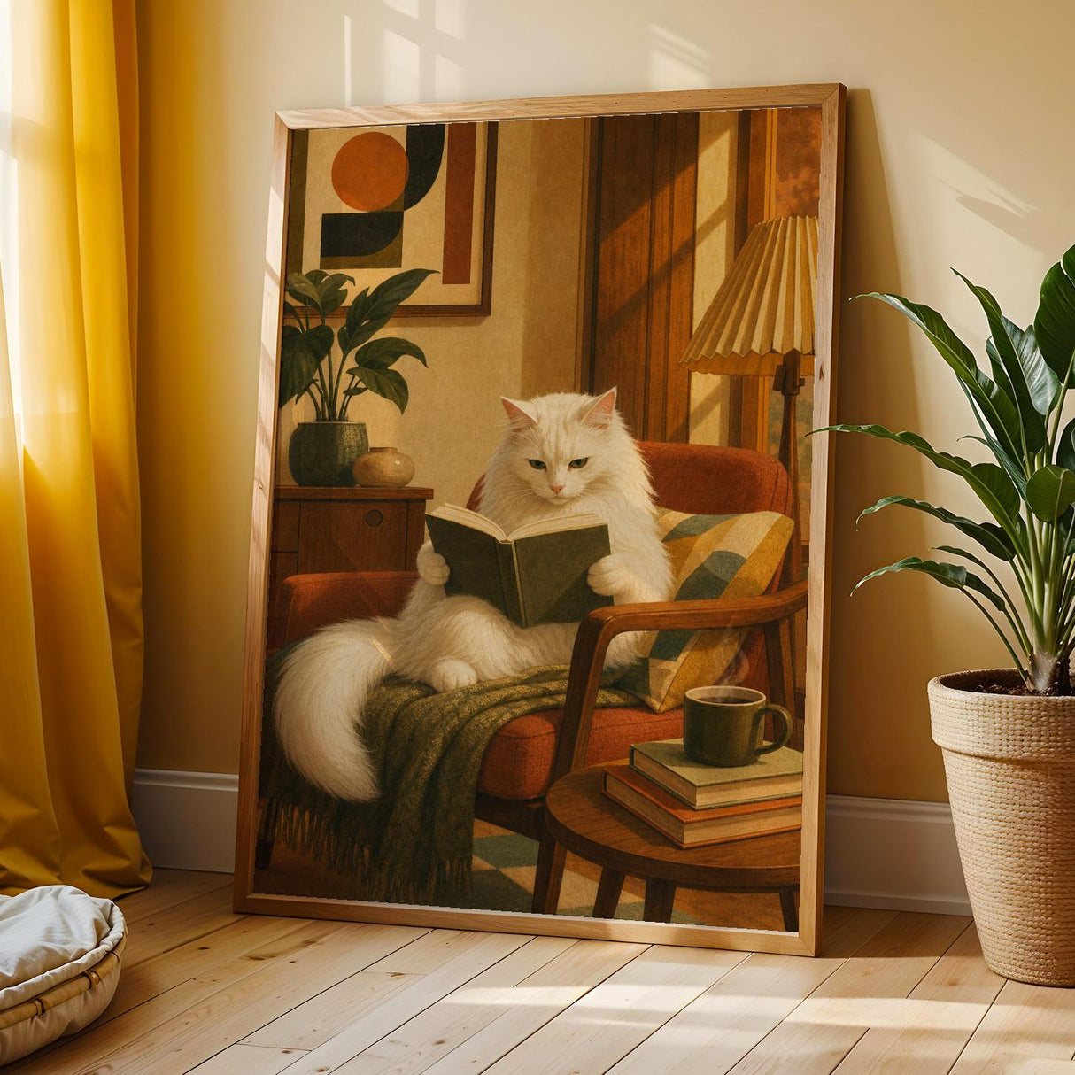 Turkish Angora Cat Reading in Armchair Poster | Retro Modern Cat Wall Art | Warm Cream Yellow Decor | Cozy Mid Century Living Room Print