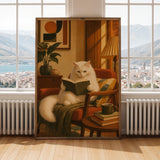 Turkish Angora Cat Reading in Armchair Poster | Retro Modern Cat Wall Art | Warm Cream Yellow Decor | Cozy Mid Century Living Room Print