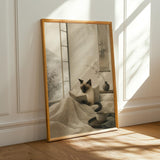 Siamese Cat Reading in Bed Poster | Japanese Zen Sumi-e Cat Wall Art | Warm Ivory Fog Gray Decor | Minimalist Bedroom Print | Cat Lover Gift