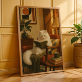 Turkish Angora Cat Reading in Armchair Poster | Retro Modern Cat Wall Art | Warm Cream Yellow Decor | Cozy Mid Century Living Room Print