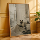 Siamese Cat Reading in Bed Poster | Japanese Zen Sumi-e Cat Wall Art | Warm Ivory Fog Gray Decor | Minimalist Bedroom Print | Cat Lover Gift
