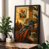 Russian Blue Cat Reading Book Poster | Modern Cat Wall Art Print | Warm Cream Mustard Yellow Decor | Literary Cat Lover Gift | Office Decor