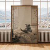 Fog Gray Zen Cat Poster | Modern Sumi-E Paper Print | Russian Blue Cat Wall Print | Japanese Zen Printable Art | Bedroom Decor Posters