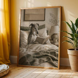 Greyhound Dog Reading In Bed Art Print - Soft Gouache, Warm Beige and Oat Milk