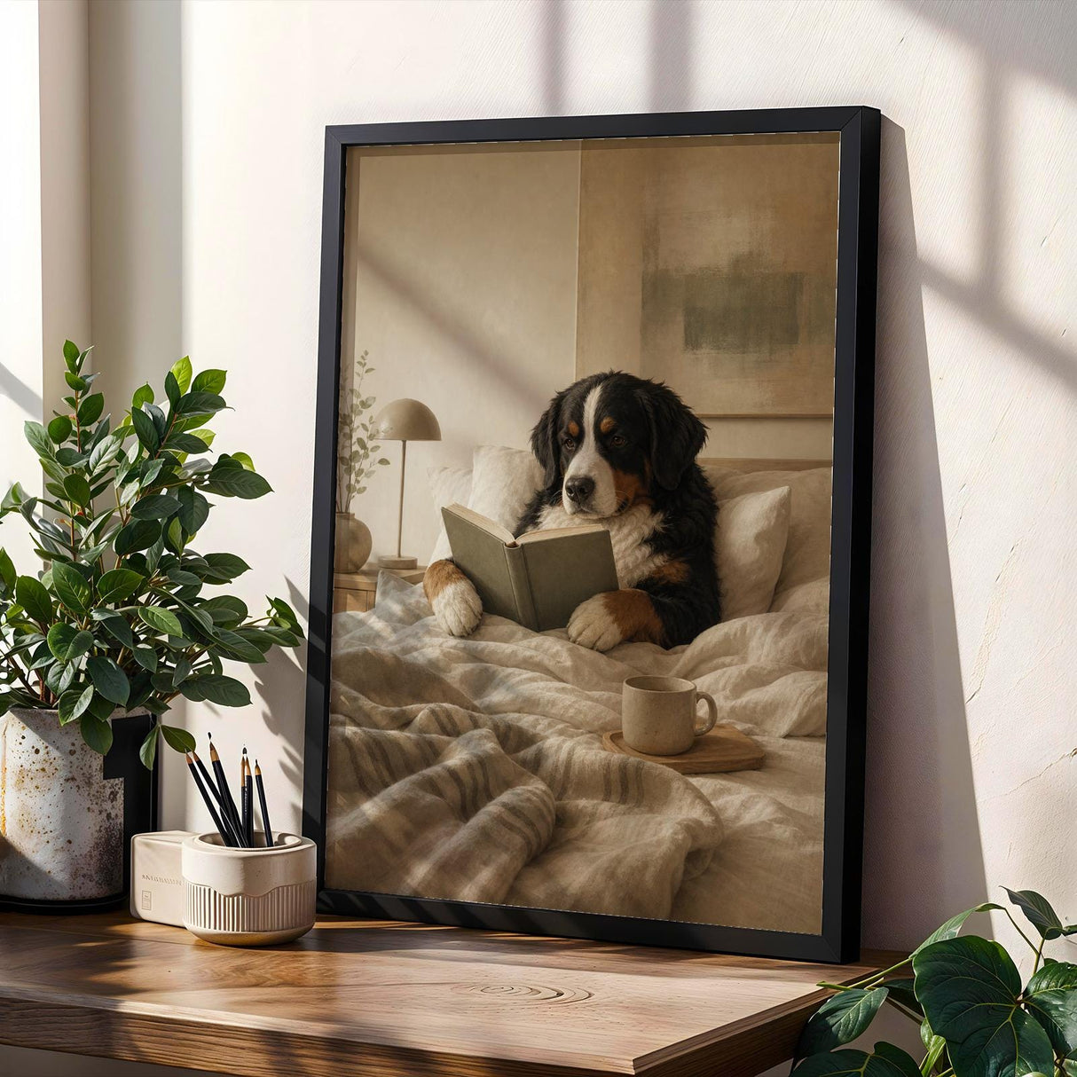 Bernese Mountain Dog Reading in Bed Poster | Modern Gouache Dog Wall Art | Warm Oat Milk Beige Decor | Scandinavian Bedroom Print