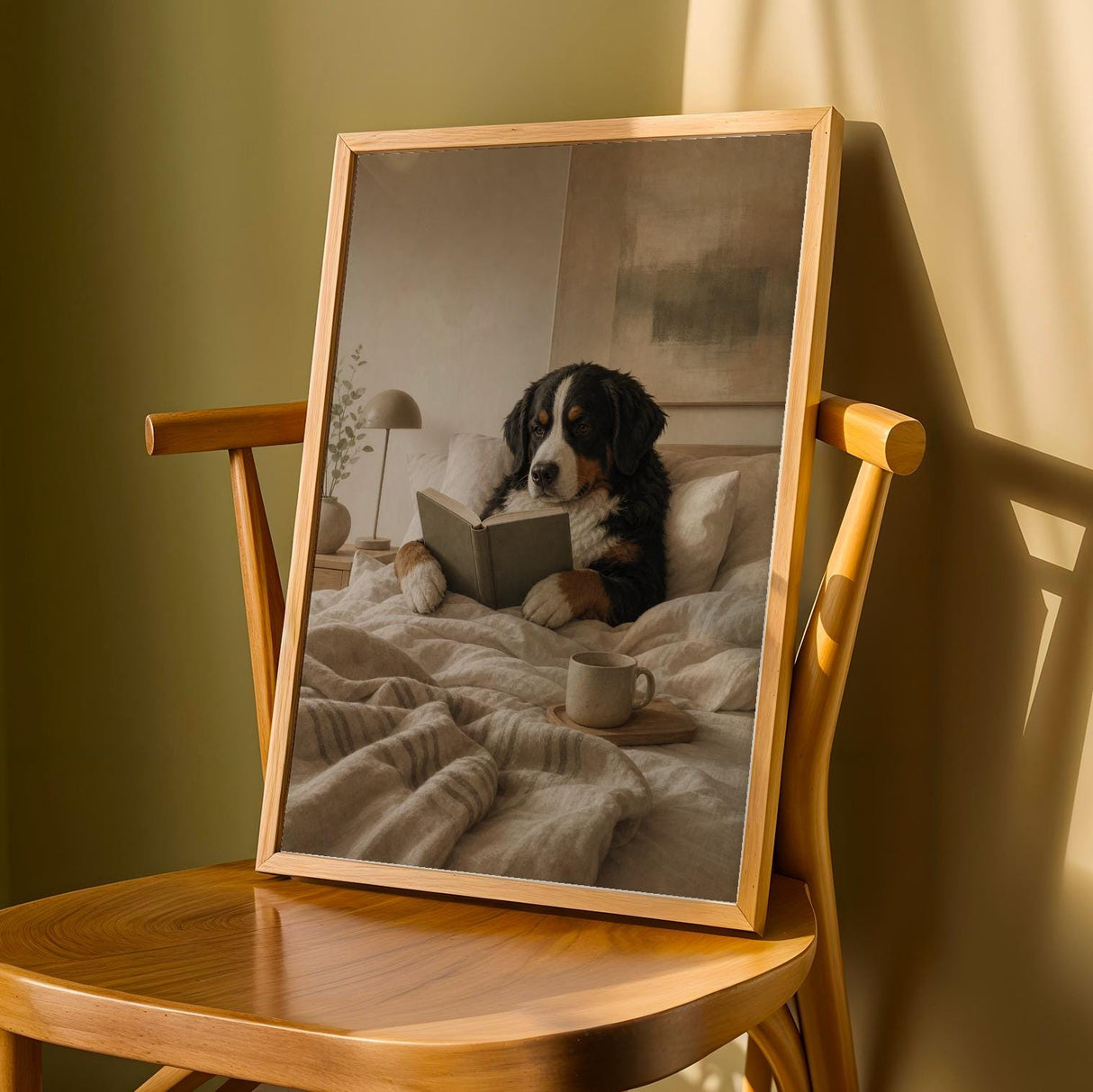 Bernese Mountain Dog Reading in Bed Poster | Modern Gouache Dog Wall Art | Warm Oat Milk Beige Decor | Scandinavian Bedroom Print