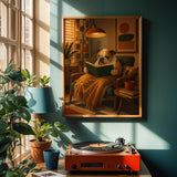 English Bulldog Reading a Book Poster | Modern Dog Wall Art Print | Mustard Yellow Burnt Orange Decor | Cozy Reading Nook Art