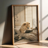 Chow Chow Reading in Bed Poster | Zen Ink Wash Dog Wall Art | Warm Ivory Fog Gray Decor | Minimalist Japanese Style Print | Chow Lover Gift