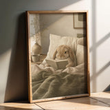 Mini Lop Rabbit Reading in Bed Poster | Modern Gouache Bunny Wall Art | Warm Beige Dusty Sage Decor | Cozy Scandinavian Bedroom Print