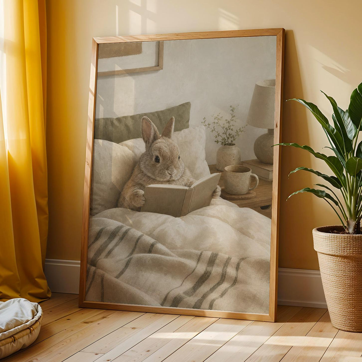 Netherland Dwarf Rabbit Reading in Bed Poster | Modern Gouache Bunny Wall Art | Warm Neutral Bedroom Decor | Cozy Minimalist Nook Print