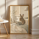 Mini Rex Rabbit Reading in Bed Poster | Scandinavian Gouache Bunny Wall Art | Warm Beige Oat Milk Decor | Cozy Nordic Bedroom Print