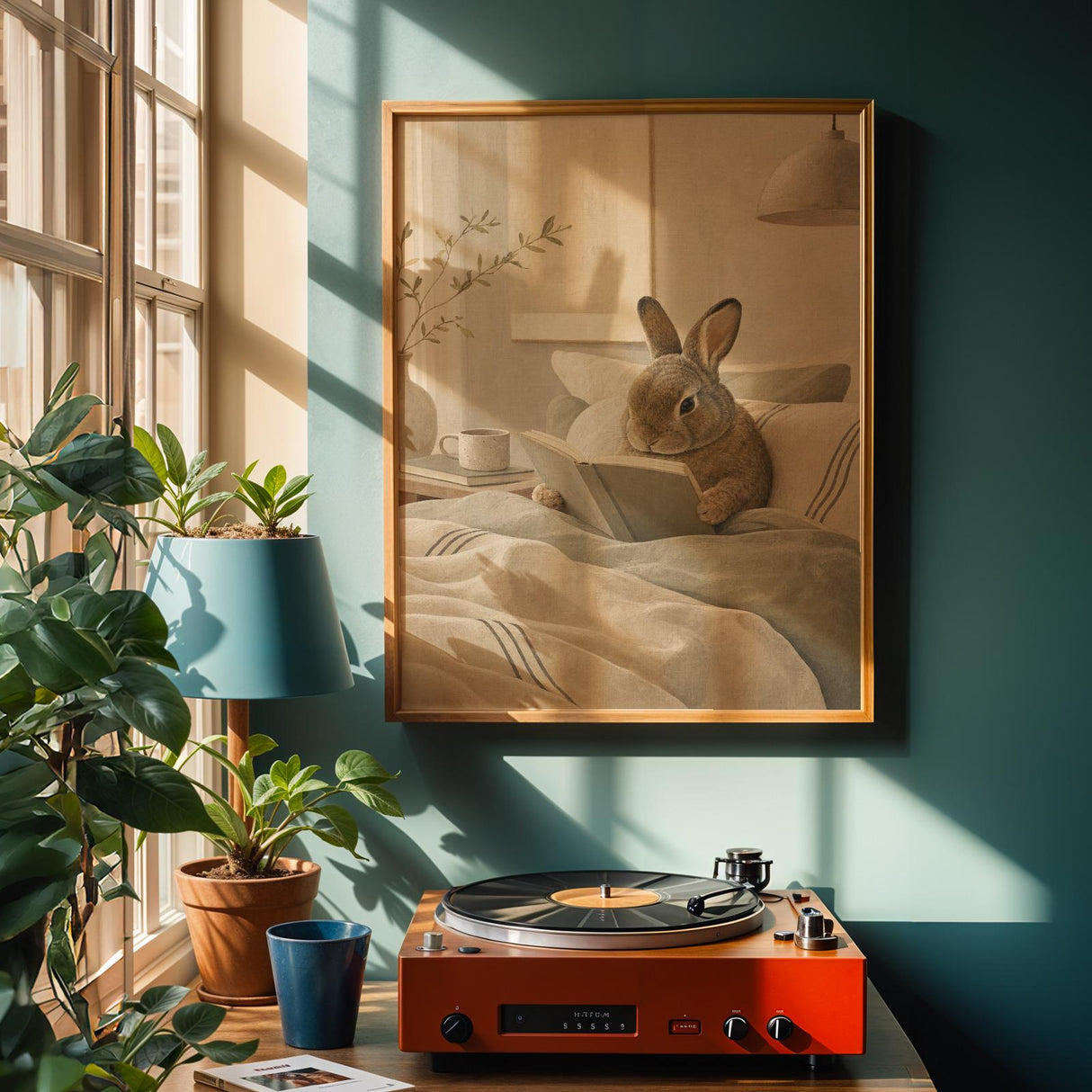 Mini Rex Rabbit Reading in Bed Poster | Scandinavian Gouache Bunny Wall Art | Warm Beige Oat Milk Decor | Cozy Nordic Bedroom Print