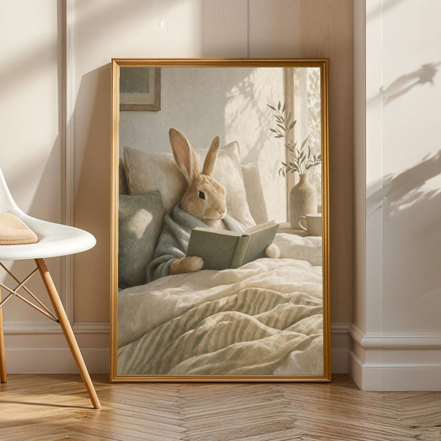 Satin Rabbit Reading in Bed Poster | Scandinavian Gouache Bunny Wall Art | Warm Neutral Nordic Decor | Cozy Minimalist Bedroom Nook Print
