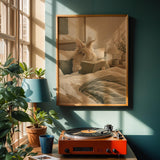 Lionhead Rabbit Reading in Bed Poster | Modern Gouache Bunny Wall Art | Warm Neutral Bedroom Decor Print | Cozy Minimalist Nook Art