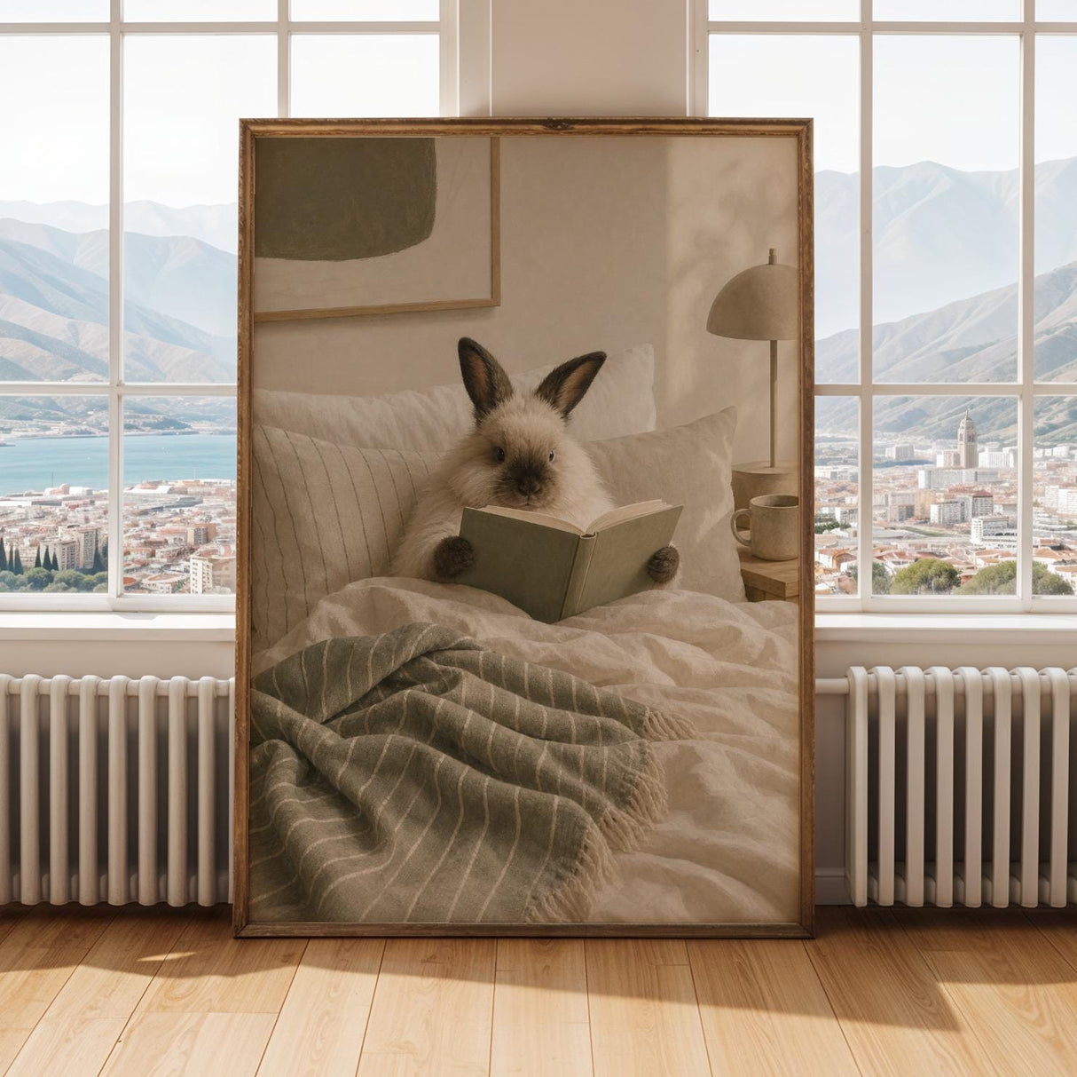 Himalayan Rabbit Reading in Bed Poster | Scandinavian Gouache Bunny Wall Art | Warm Beige Soft Ivory Decor | Cozy Minimalist Bedroom Print