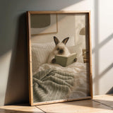 Himalayan Rabbit Reading in Bed Poster | Scandinavian Gouache Bunny Wall Art | Warm Beige Soft Ivory Decor | Cozy Minimalist Bedroom Print
