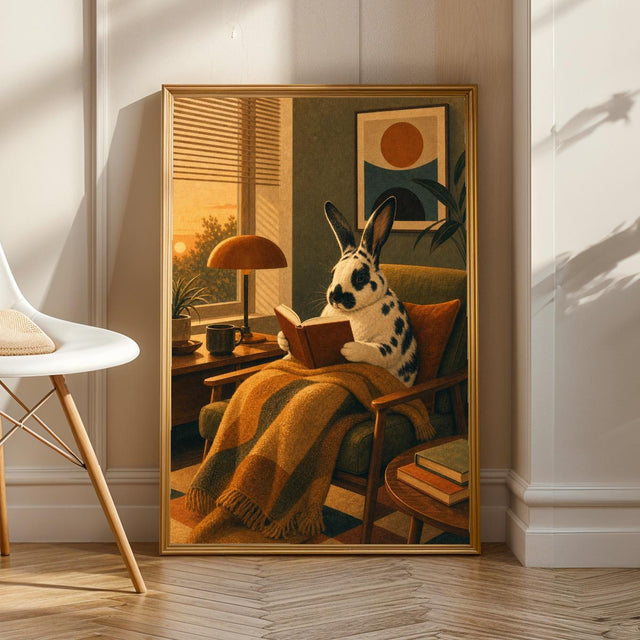 Harlequin Rabbit Reading in Armchair Poster | Retro Modern Bunny Wall Art Decor | Cozy Mid Century Living Room Print