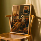 Harlequin Rabbit Reading in Armchair Poster | Retro Modern Bunny Wall Art Decor | Cozy Mid Century Living Room Print