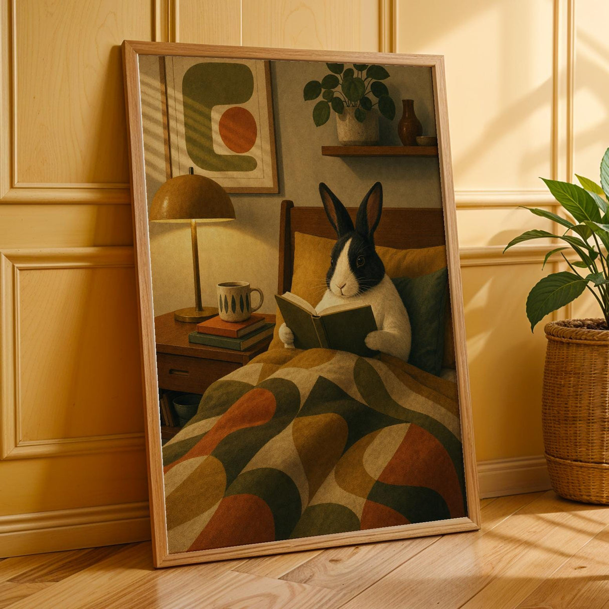 Dutch Rabbit Reading in Armchair Poster | Mid Century Retro Bunny Wall Art | Yellow Green Decor | Cozy Modern Living Room Print