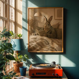 Flemish Rabbit Reading in Bed Poster | Nordic Gouache Bunny Wall Art | Warm Oat Milk Neutral Decor | Cozy Minimalist Bedroom Print