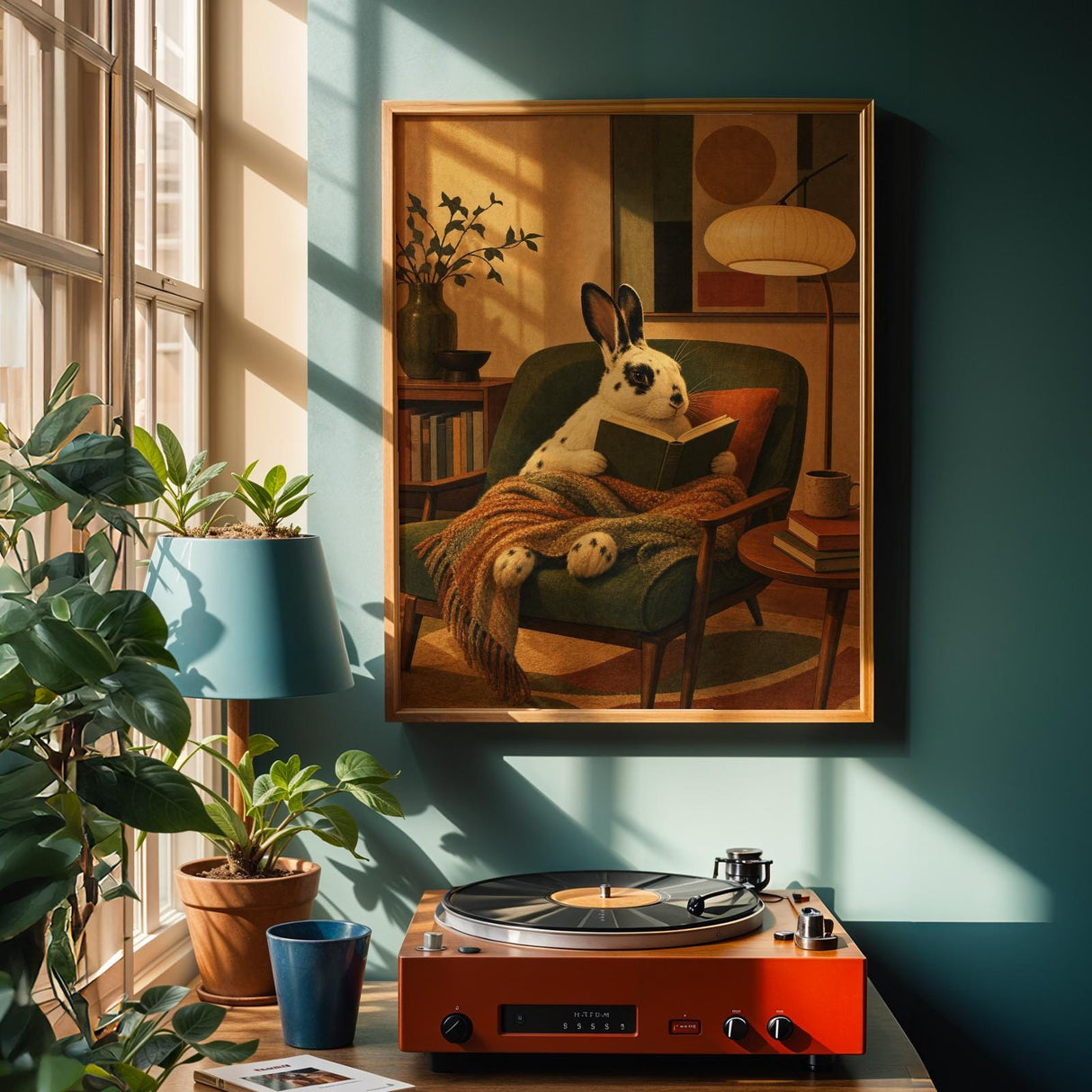 English Spot Rabbit Reading in Armchair Poster | Modern Bunny Wall Art | Green Warm Cream Decor | Cozy Reading Nook Living Room Print