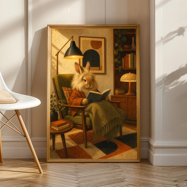 Lionhead Rabbit Reading in Armchair Poster | Retro Painterly Bunny Wall Art | Burnt Orange Warm Cream Decor | Cozy Mid Century Bedroom Print