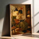 Lionhead Rabbit Reading in Armchair Poster | Retro Painterly Bunny Wall Art | Burnt Orange Warm Cream Decor | Cozy Mid Century Bedroom Print