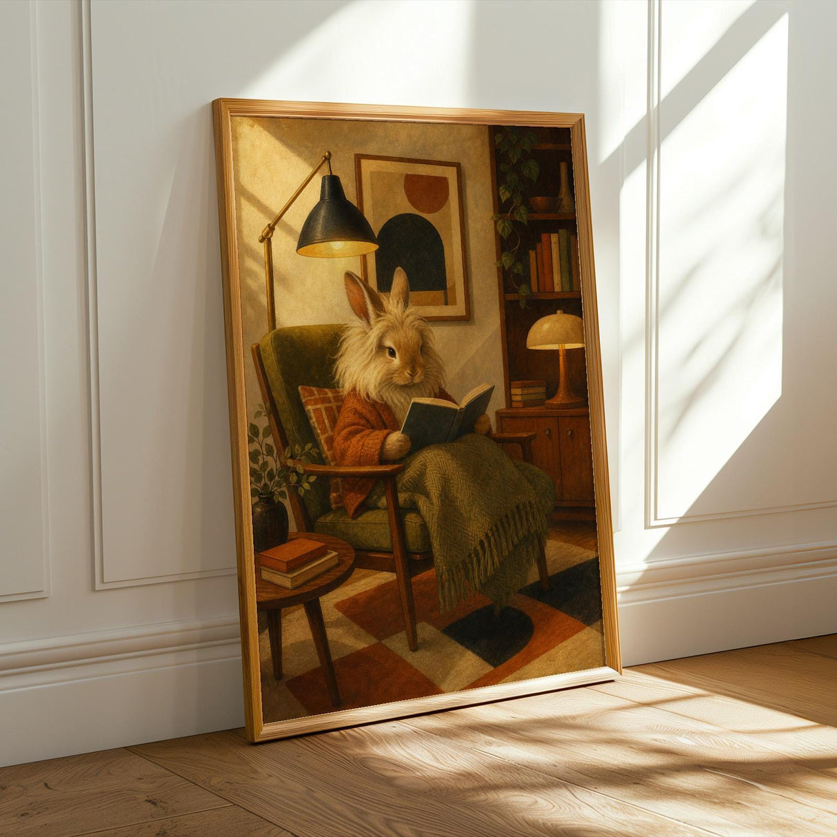 Lionhead Rabbit Reading in Armchair Poster | Retro Painterly Bunny Wall Art | Burnt Orange Warm Cream Decor | Cozy Mid Century Bedroom Print