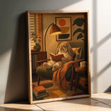 French Lop Rabbit Reading in Armchair Poster | Retro Painterly Bunny Wall Art | Muted Burnt Orange Decor | Cozy Mid Century Bedroom Print