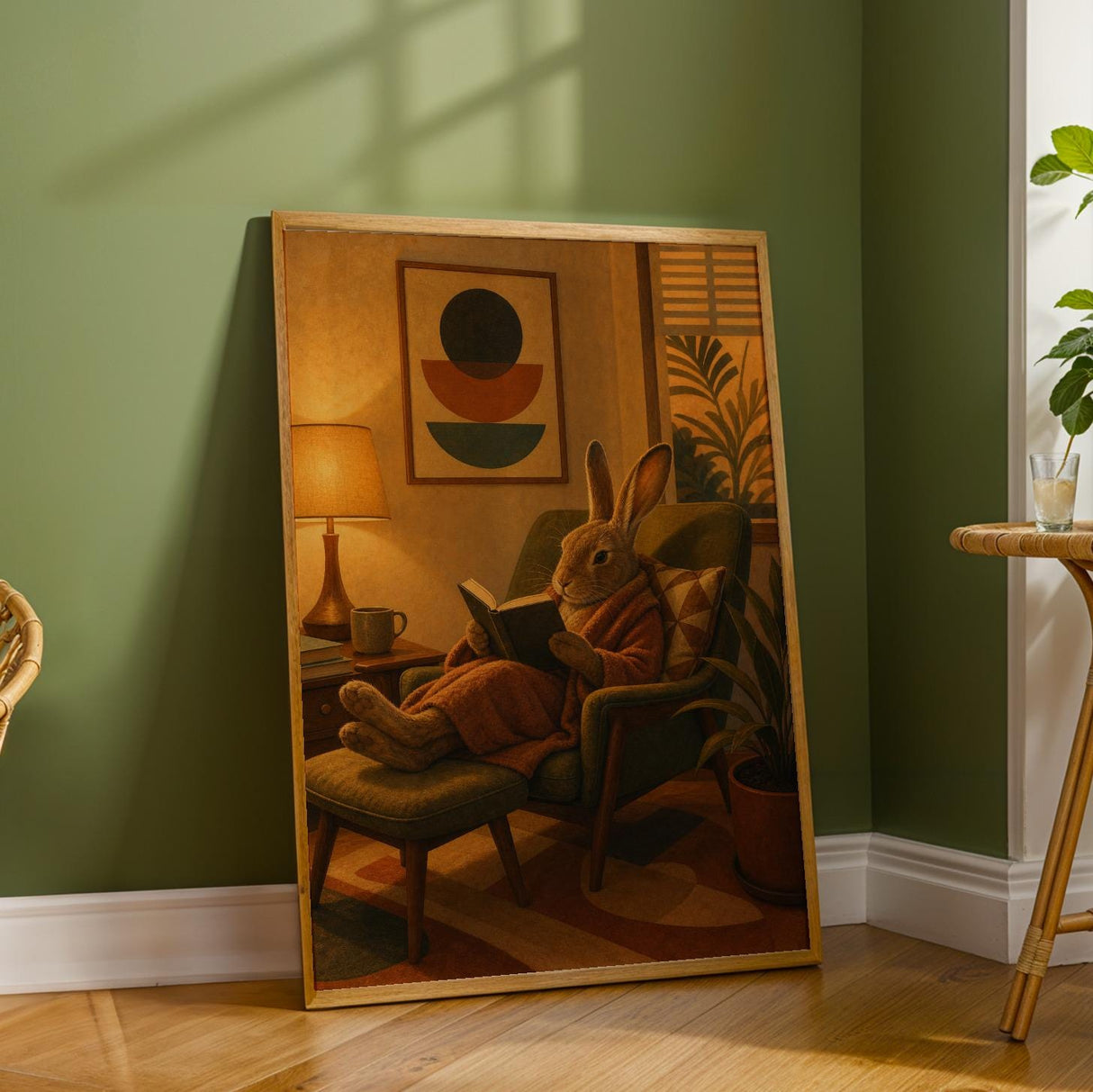 Havana Rabbit Reading in Armchair Poster | Retro Modern Bunny Wall Art | Mustard Yellow Burnt Orange Decor | Cozy Mid Century Bedroom Print