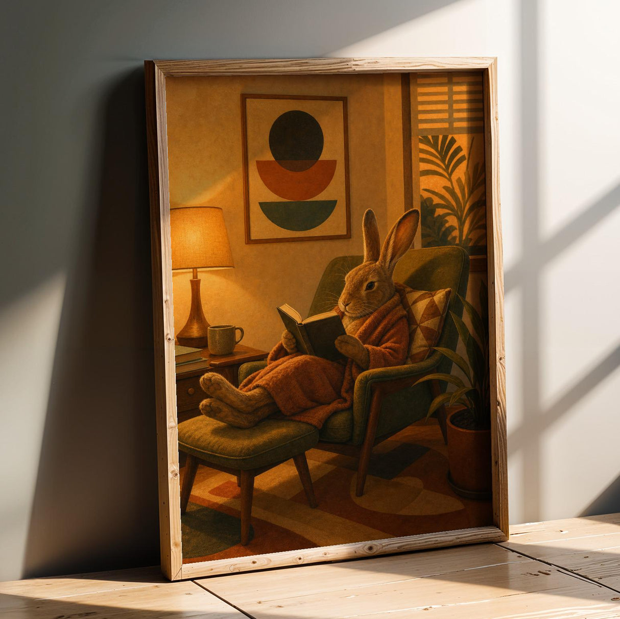 Havana Rabbit Reading in Armchair Poster | Retro Modern Bunny Wall Art | Mustard Yellow Burnt Orange Decor | Cozy Mid Century Bedroom Print