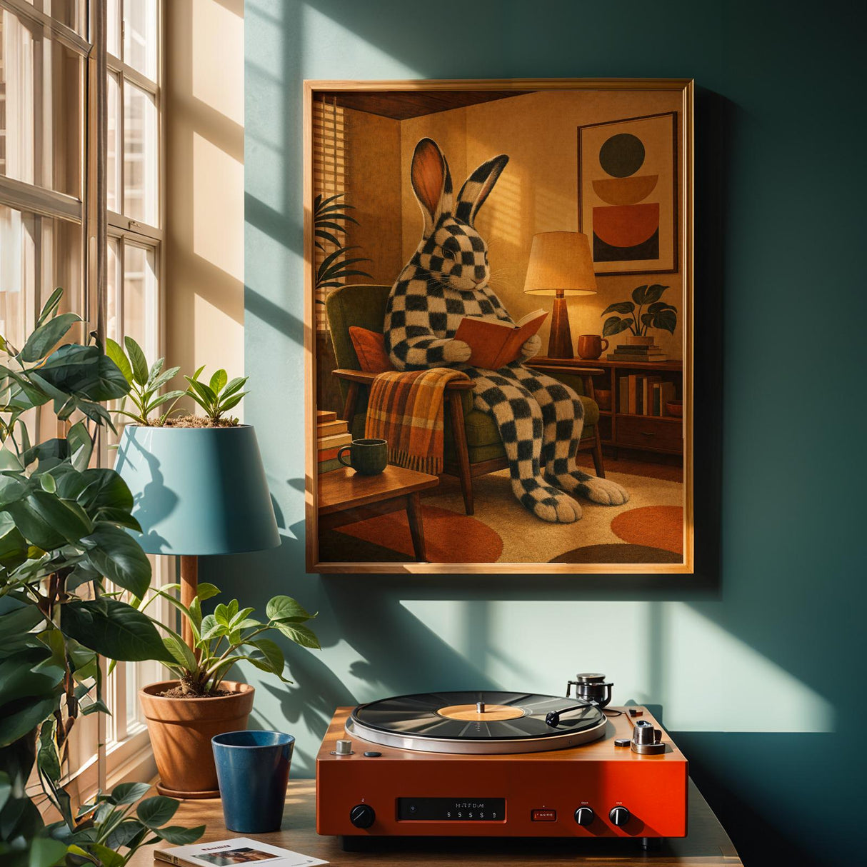 Checkered Giant Rabbit Reading in Armchair Poster | Mid Century Modern Bunny Wall Art | Yellow Brown Decor | Cozy Retro Living Room Print