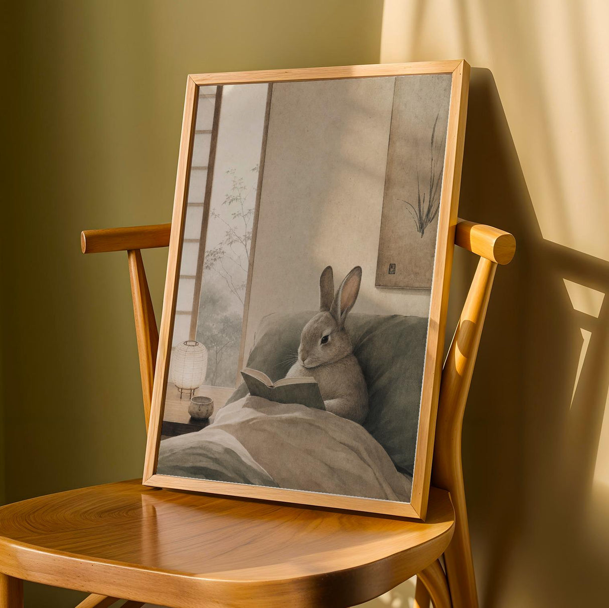 Californian Rabbit Reading in Bed Poster | Japanese Zen Sumi-e Bunny Wall Art | Warm Ivory Fog Gray Decor | Minimalist Bedroom Print