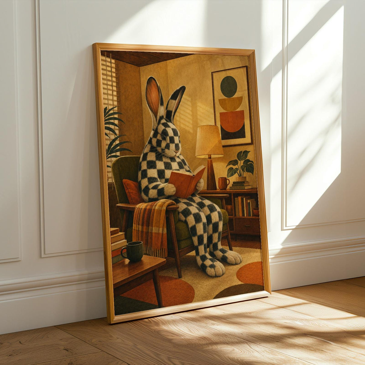 Checkered Giant Rabbit Reading in Armchair Poster | Mid Century Modern Bunny Wall Art | Yellow Brown Decor | Cozy Retro Living Room Print