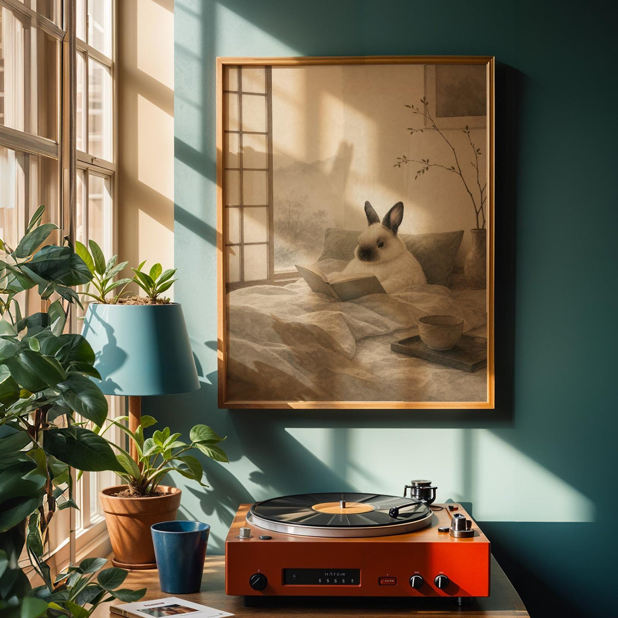 Himalayan Rabbit Reading in Bed Poster | Japanese Zen Ink Wash Bunny Wall Art | Warm Ivory Fog Gray Decor | Minimalist Bedroom Print