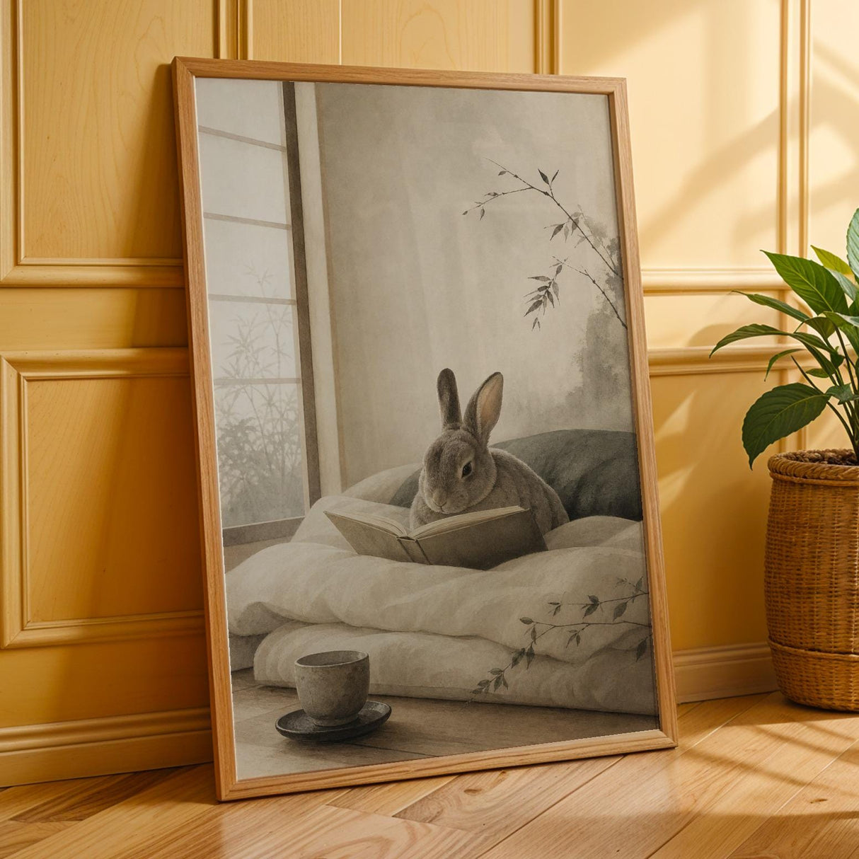 Mini Rex Rabbit Reading in Bed Poster | Japanese Zen Sumi-e Bunny Wall Art | Warm Ivory Fog Gray Decor | Minimalist Bedroom Print