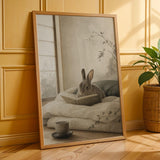 Mini Rex Rabbit Reading in Bed Poster | Japanese Zen Sumi-e Bunny Wall Art | Warm Ivory Fog Gray Decor | Minimalist Bedroom Print